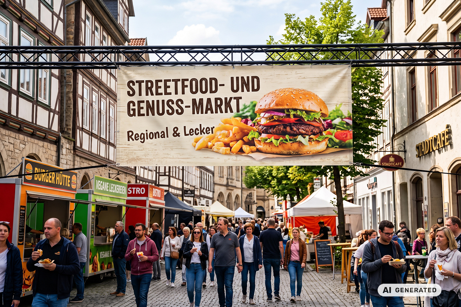 Innenstadt mit Besuchern eines Genussmarkts, ein Werbebanner ist zwischen zwei Häuserzeilen aufgehängt
